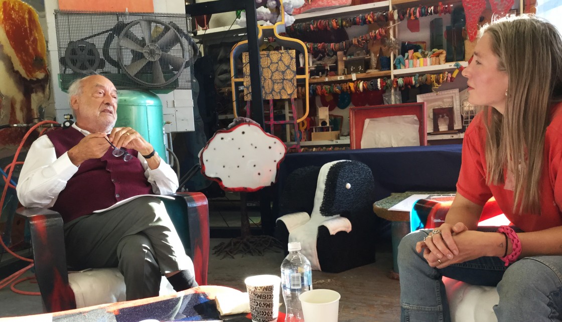 Jessi Reaves and Gaetano Pesce at Pesce’s studio in Brooklyn, New York
