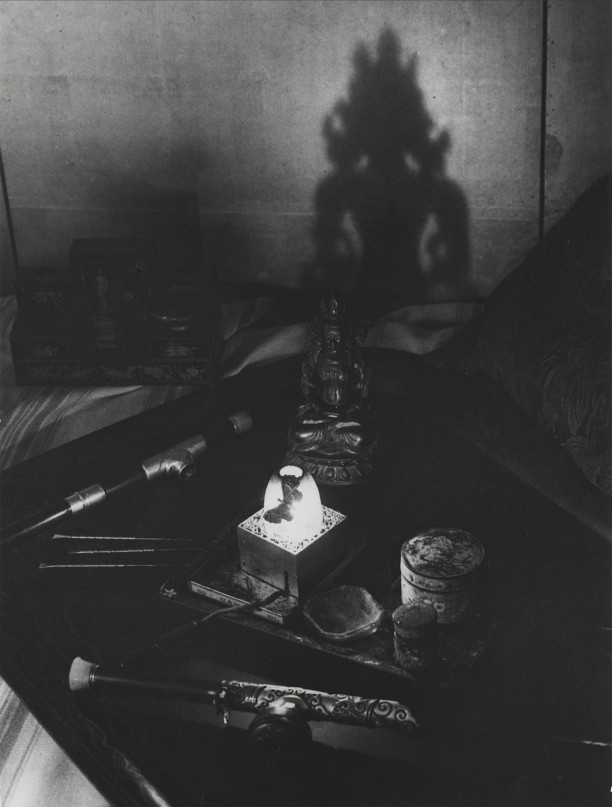An opium den, Avenue Bosquet. A tray with pipes, pins, oil lamp