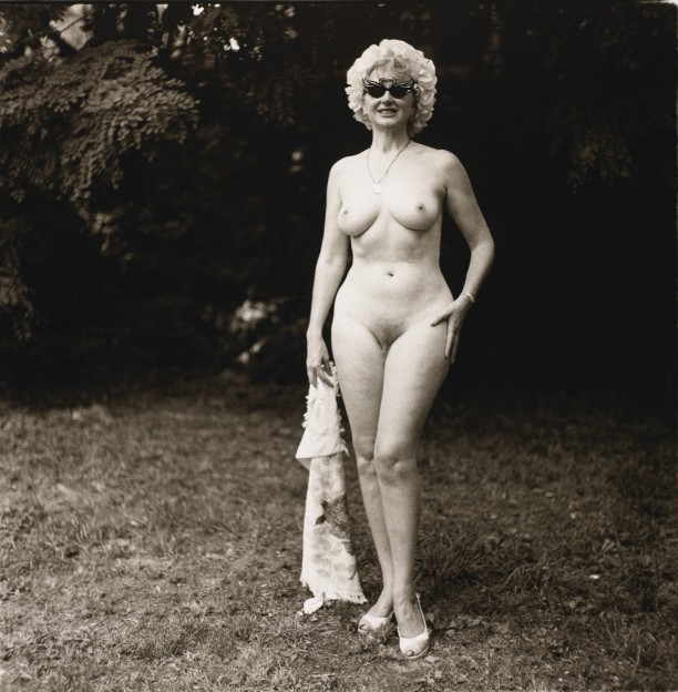 Nudist lady with swan sunglasses, Pa.