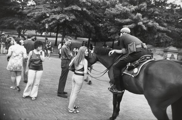 Untitled (Woman looking at a horse with a mounted policeman on it)